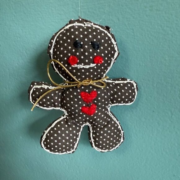 Set Of 5 Vintage Handmade Gingham Gingerbread Man Fabric Ornaments With Bows & S - Picture 6 of 9
